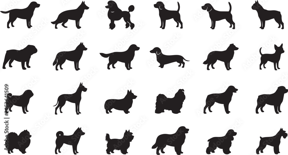Fototapeta premium Dog silhouette collection featuring various popular breeds in standing poses isolated on white background for design