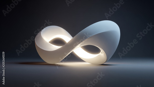 Glowing white abstract infinity shape with smooth curves on dark background, modern design emitting soft light and shadow play