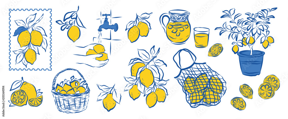 Naklejka premium Amalfi Italian lemon fruit summer vacation doodle style whimsical Hand drawn sketch coastal lemons line art Positano, Sicily, La Dolce vita vacations Vintage citrus plant leaves mediterranean design