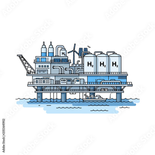 An illustration of an offshore hydrogen production facility on the ocean