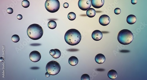 Iridescent floating bubbles on gradient background