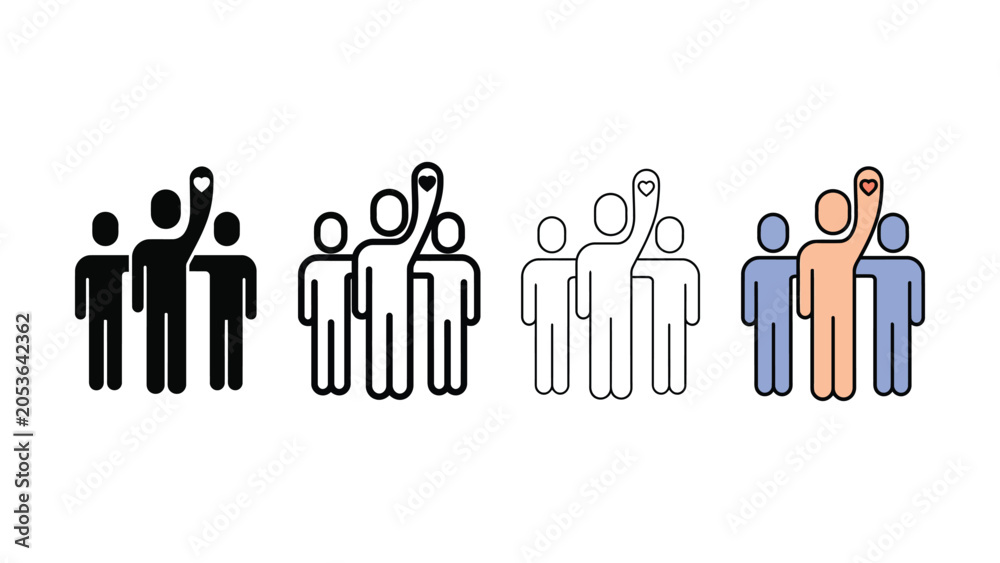 Obraz premium Group of people with raised hand and heart symbol during protest or celebration vector silhouette Isolated on white background