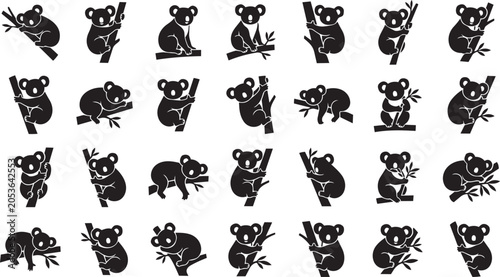 Koala silhouette vector set featuring climbing, sitting and eucalyptus poses isolated on white background for wildlife design