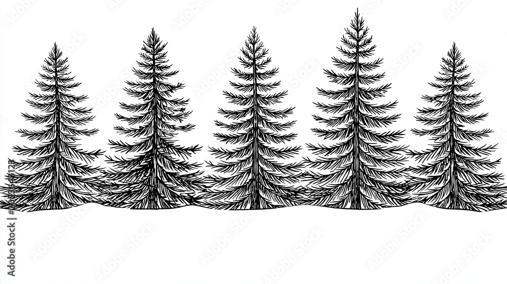 Obraz premium A black and white illustration of pine trees on a snowy landscape with a white background