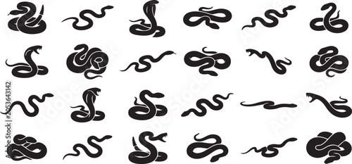 Snake silhouette vector collection featuring coiled, slithering, striking and cobra snake poses isolated on white background