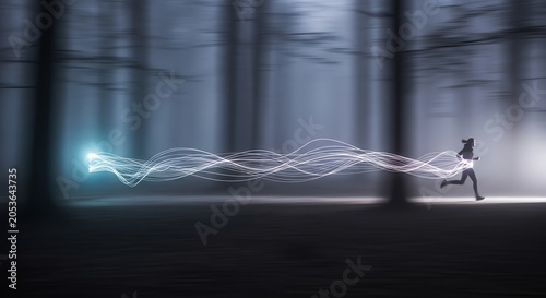 Person running through dark forest with glowing light trails