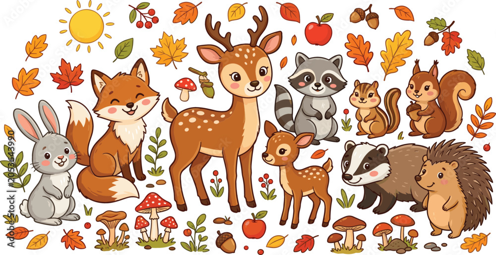Fototapeta premium Cute Autumn Woodland Animals Cartoon Vector Illustration Set Featuring Deer, Fox, Raccoon, Squirrel, Rabbit, Hedgehog, Badger, Mushrooms, and Colorful Fall Leaves