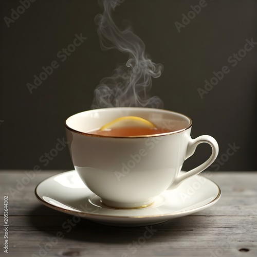 A cup of black tea with lemon slice and steam rising.