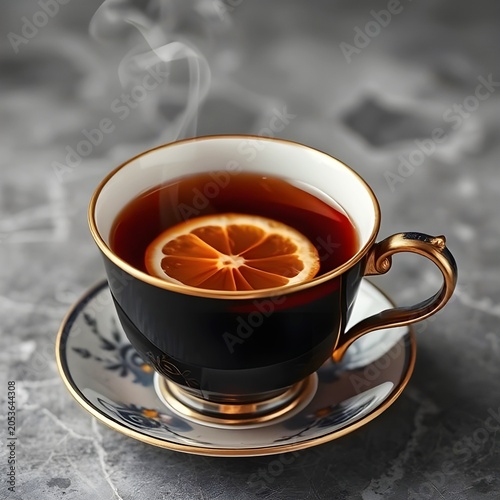 A cup of black tea with lemon slice and steam rising.