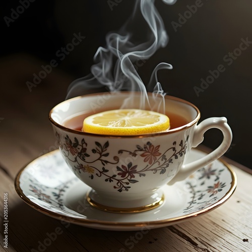 A cup of black tea with lemon slice and steam rising.