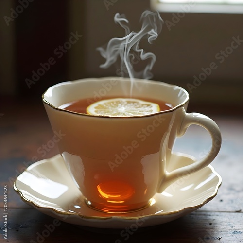 A cup of black tea with lemon slice and steam rising.