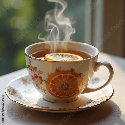 A cup of black tea with lemon slice and steam rising.