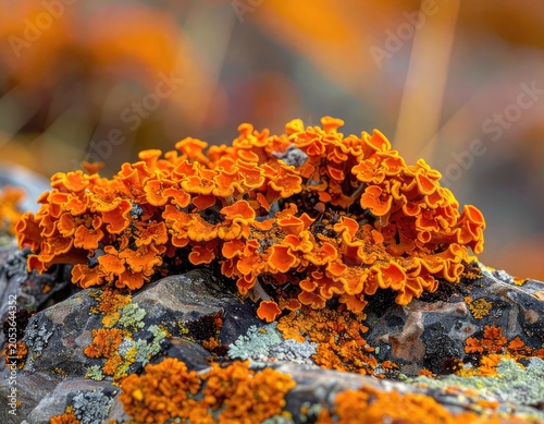 Vibrant orange lichen clusters adorn textured rock surface with muted background