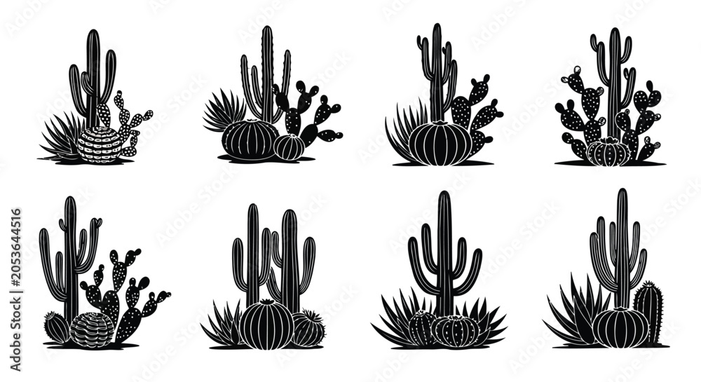 Fototapeta premium Set of black and white cactus illustrations