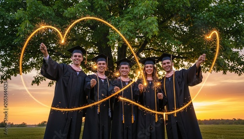 Graduation celebration with sparklers forming a heart shape under a tree at sunset.