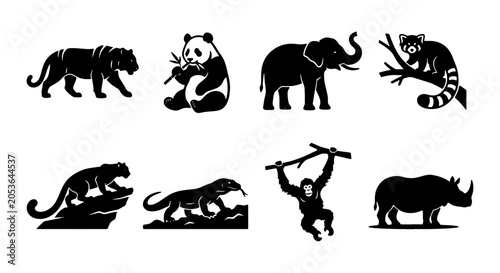 Tableau sur toile Wild Animal Silhouettes Vector Set: Tiger, Panda, Elephant, Red Panda, Jaguar, P
