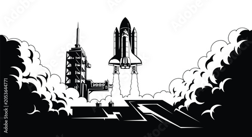 Bild auf Leinwand Space shuttle rocket launch in black and white