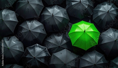 Bright green umbrella distinct in a crowd of dark, wet ones
