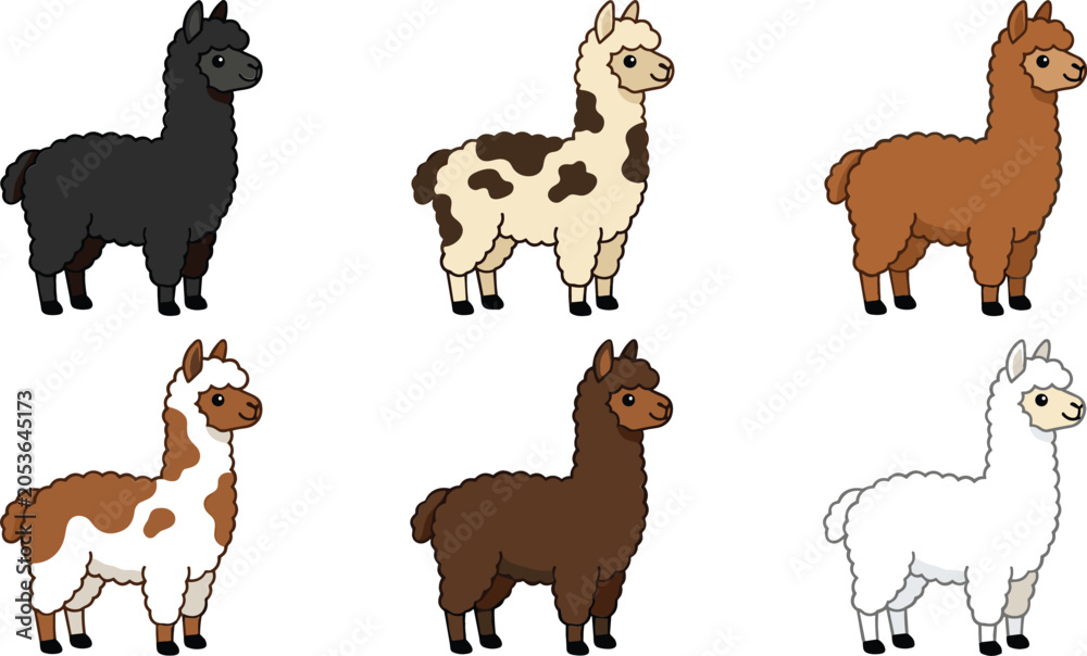 Fototapeta premium Cute Cartoon Alpaca and Llama Vector Character Set Featuring Various Natural Wool Colors and Spotted Fur Patterns for Farm and Livestock Designs
