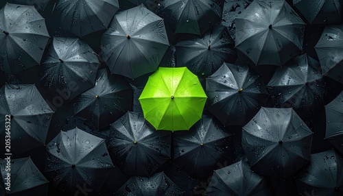 One vibrant green umbrella stands out among a sea of dark umbrellas