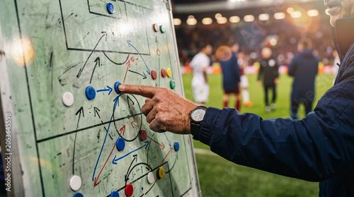 Close-up View of a Professional Soccer Coach Using a Tactical Board to Explain Game Strategy and Player Movements at a Stadium during a Night Match