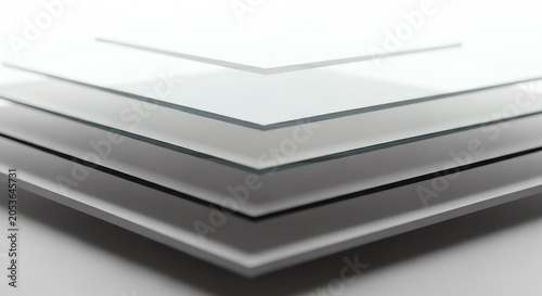Stacked transparent glass sheets on white background