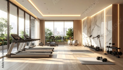 Bright, modern gym with treadmills, weights, and city green view