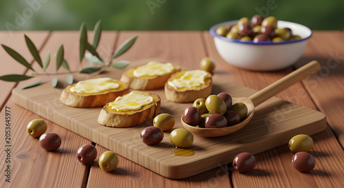 Fresh toasted bread slices with butter and olives on a wooden board