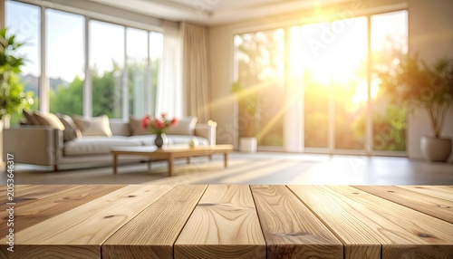 Warm sunny living room with blurred background, sharp wooden table