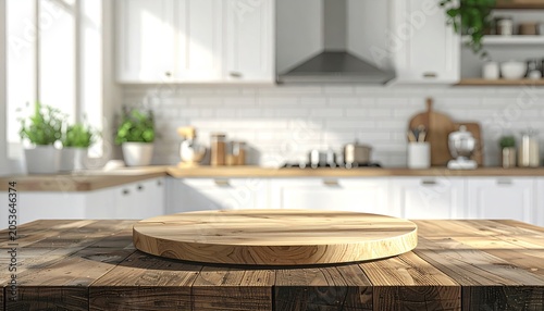 Modern kitchen with natural light, empty wooden table, cutting board