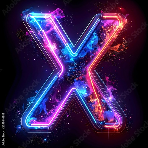 A neon-lit letter X with pink and blue hues on a dark background