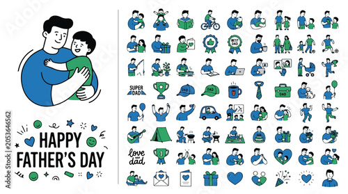 Happy Father's Day icon set, 64 flat vector illustrations of father and son activities, blue and green family celebration graphics