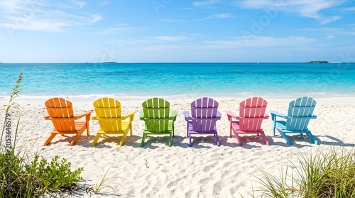 Row of colorful empty wooden Adirondack chairs on a white sand beach facing the turquoise ocean
