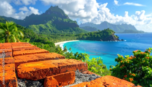 Tropical bay view over orange bricks, lush mountains, blue sea, clouds