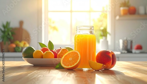 Fresh orange juice and mixed fruits on a sunny wooden kitchen table