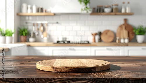 Detailed wooden board on dark counter in a sunny kitchen interior