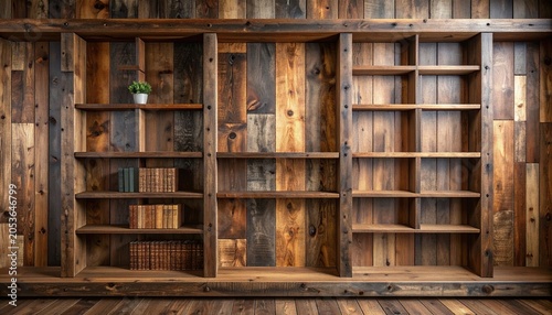 Detailed wooden bookshelf with some books and a small plant