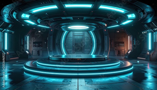 Futuristic, sci-fi chamber with glowing blue central platform