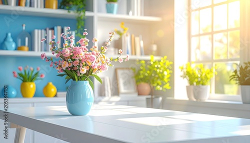 Pink flowers in blue vase on white table in a bright sunlit room