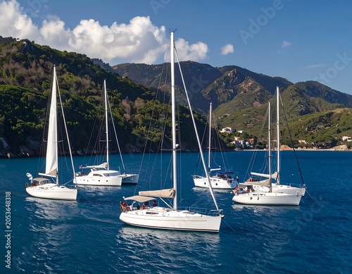 Several sailboats are anchored in a calm, vibrant blue sea in front of lush green hills and a clear, sunny sky