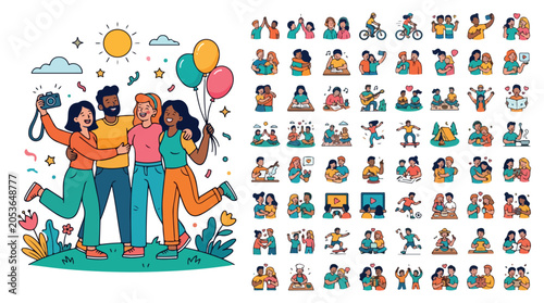 Flat cartoon people icons set, diverse friends and family characters collection, 64 lifestyle vector illustrations of happy couples and activities