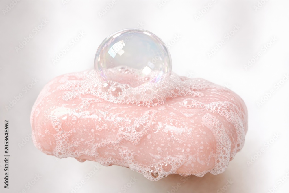 Fototapeta premium A single soap ball perched on top of a soft pink sponge, ready for use