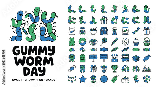 Obraz na plátně Gummy Worm Day icon set, cute cartoon candy characters and sweet snack elements,