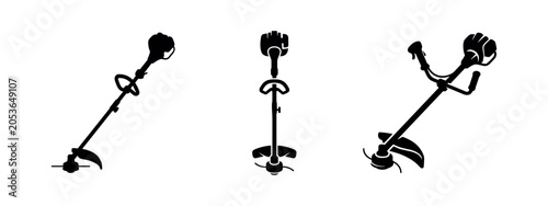 Fotografie String Trimmer Icons Set. Garden and Lawn Care Equipment.