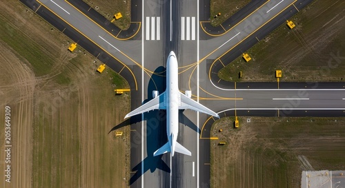 Aerial view of a commercial airplane taxiing on a runway at an airport, with clear blue sky and vast tarmac.