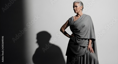 Elegant mature woman with short grey hair posing confidently in a draped grey dress, captured in dramatic studio lighting with a strong shadow.