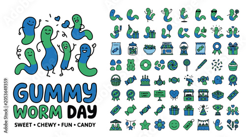 Gummy Worm Day candy icon set, cute blue and green worm characters, sweet chewy snack illustrations, fun confectionery vector collection