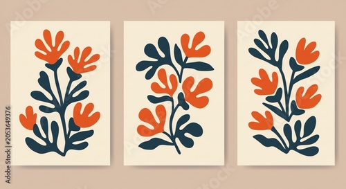 Abstract floral illustrations with orange and navy hues