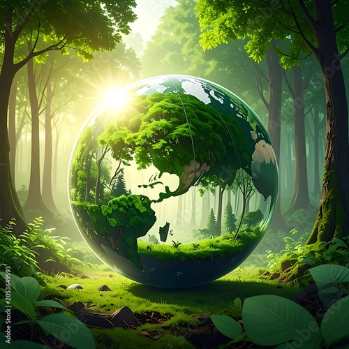 A serene forest scene featuring a large, transparent globe showcasing lush greenery
