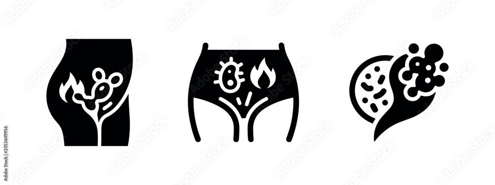 Fototapeta premium Female reproductive health icons set. Gynecological issues, infection, and inflammation vector illustration.